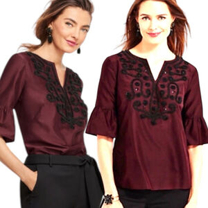 Women's Talbots RSVP Embellished Silk Blend Blouse Top, Burgundy, L